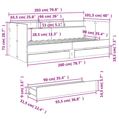 daybed med skuffer uden madras 90x200 cm grå sonoma-eg