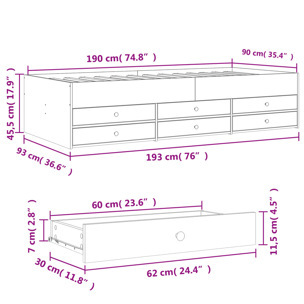 daybed med skuffer uden madras 90x190 cm grå sonoma-eg