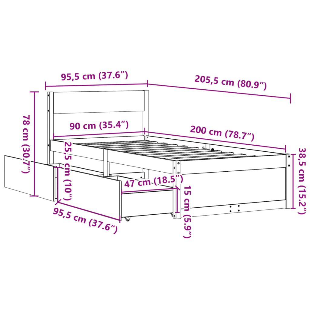 sengeramme uden madras 90x200 cm massivt fyrretræ gyldenbrun