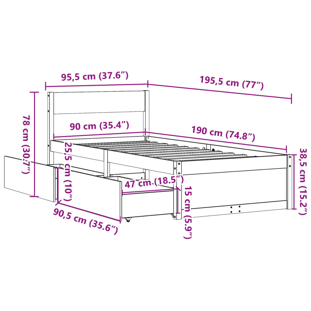 sengeramme uden madras 90x190 cm massivt fyrretræ hvid