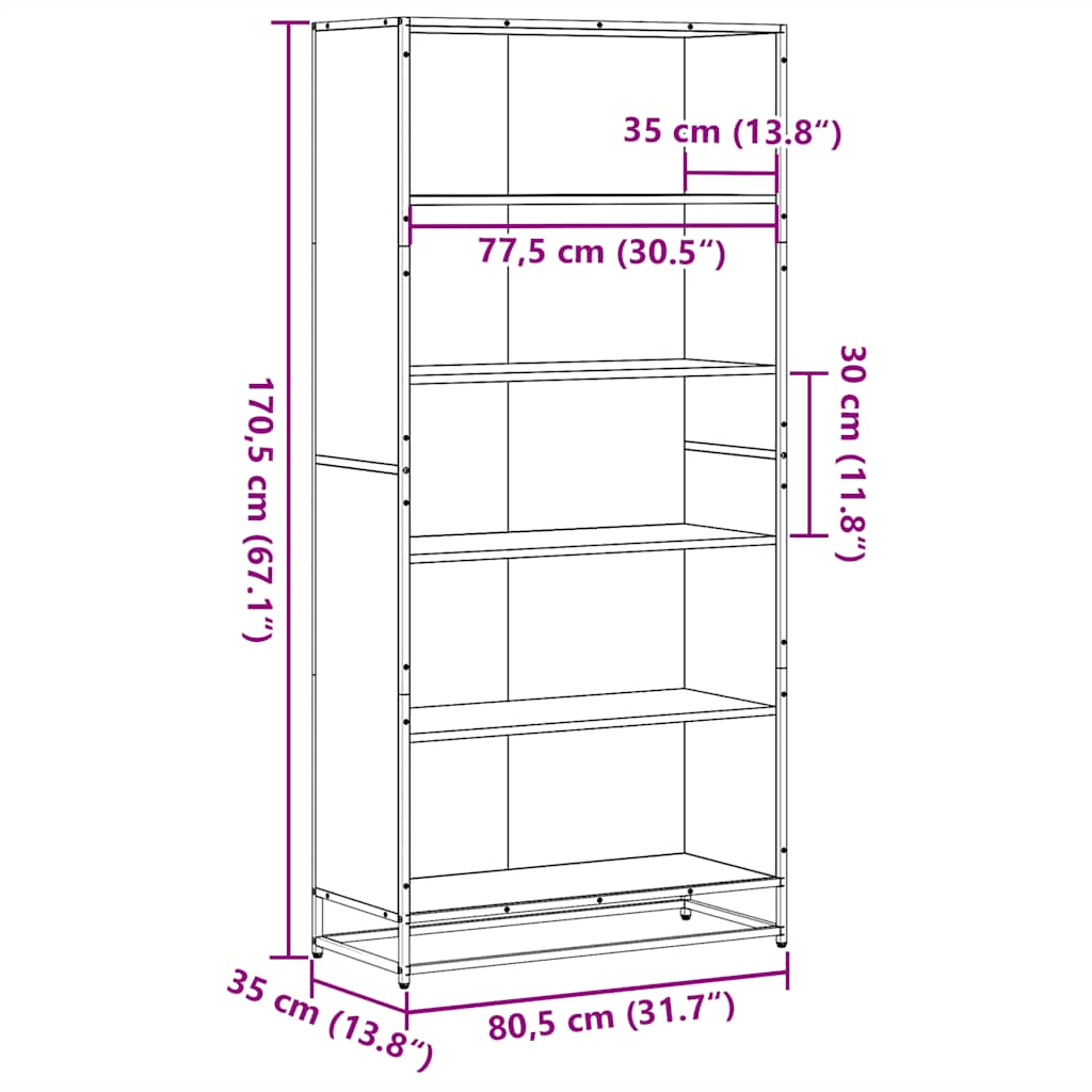 bogreol 80,5x35x170,5 cm konstrueret træ sonoma-eg