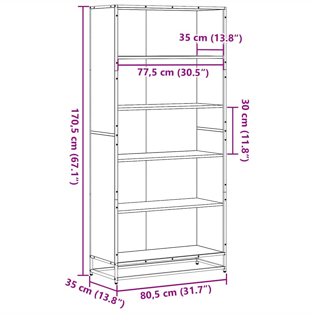 bogreol 80,5x35x170,5 cm konstrueret træ røget egetræsfarve