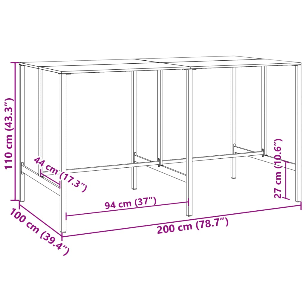 barbord 200x100x110 cm pulverlakeret stål sort