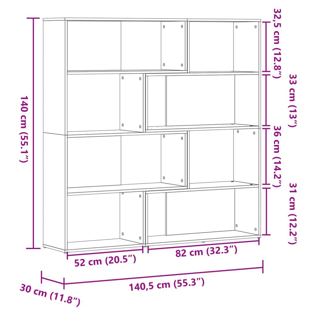 bogreol til hjørne 85x85x140cm 4hylder konstrueret træ betongrå