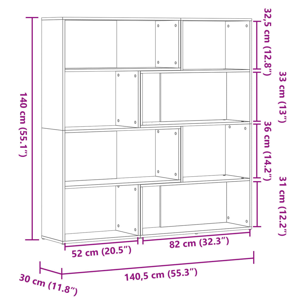 bogreol til hjørne 85x85x140cm 4hylder konstrueret træ brunt eg