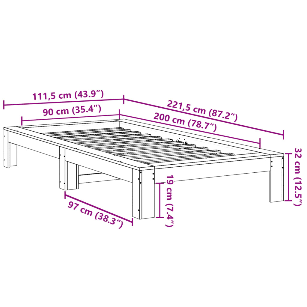 sengeramme uden madras 90x200 cm massivt fyrretræ