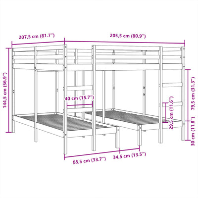 tredobbelt køjeseng 200x200/80x200 cm massivt fyr gyldenbrun