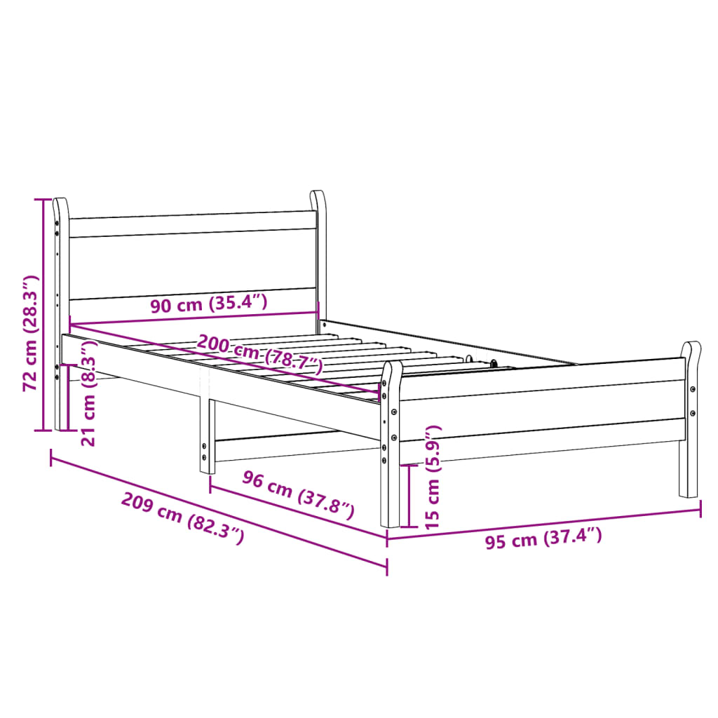 sengeramme uden madras 90x200 cm massivt fyrretræ hvid