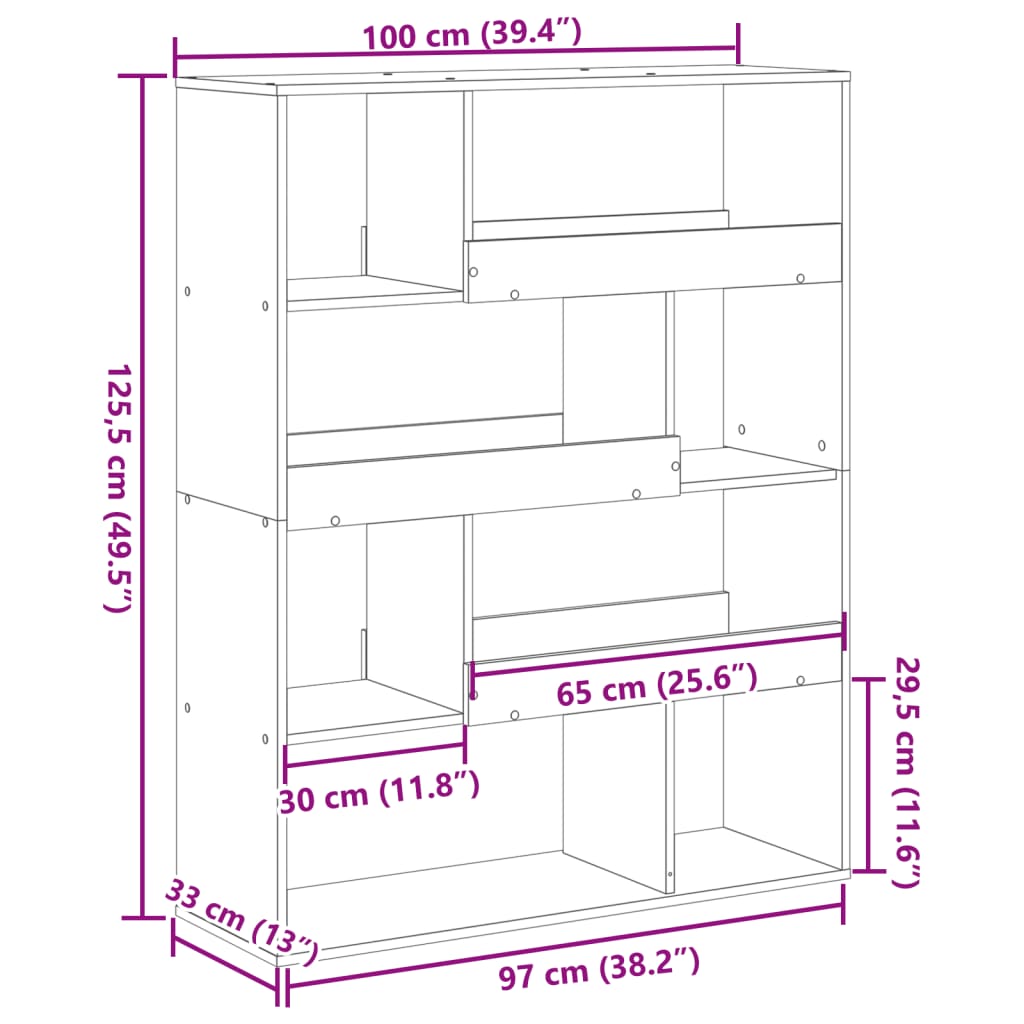 bogreol 100x33x125,5 cm konstrueret træ betongrå