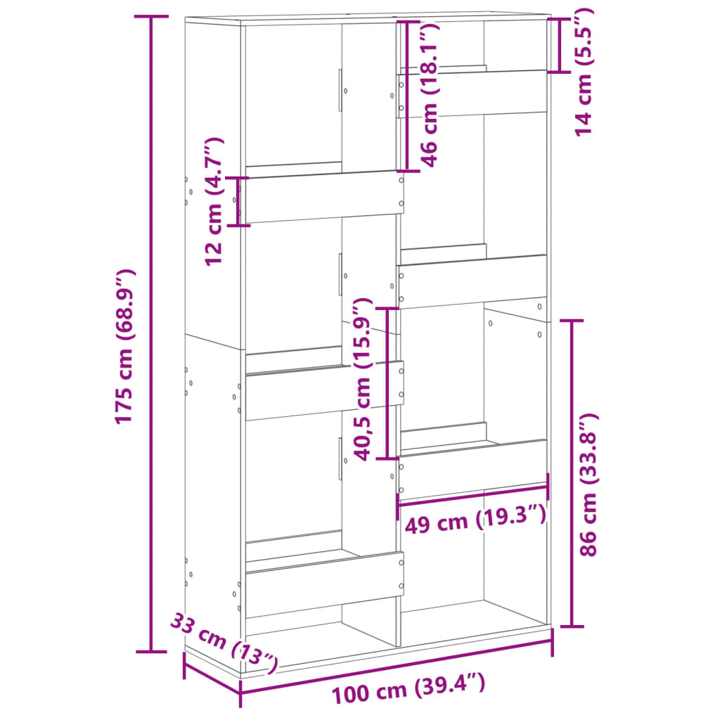 bogreol 100x33x175 cm konstrueret træ sonoma-eg