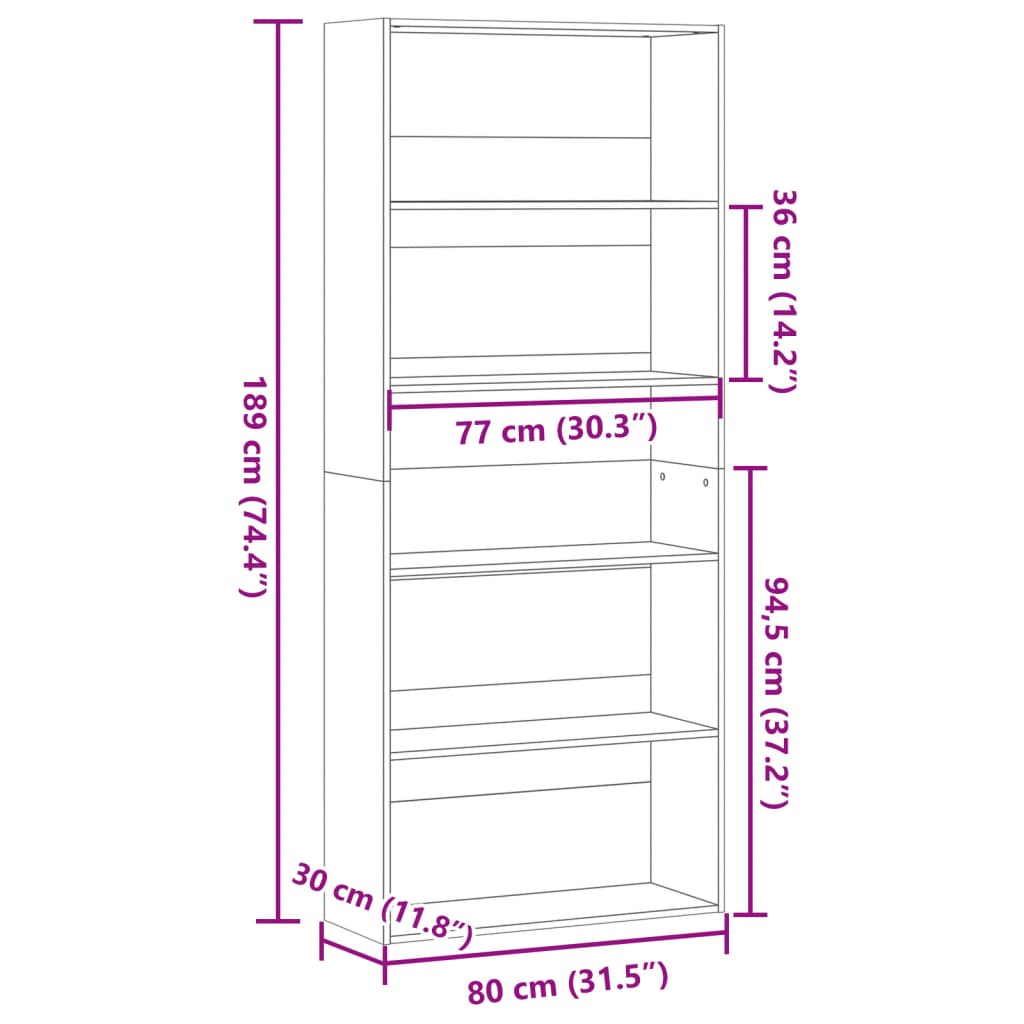 bogreol 80x30x189 cm konstrueret træ sort