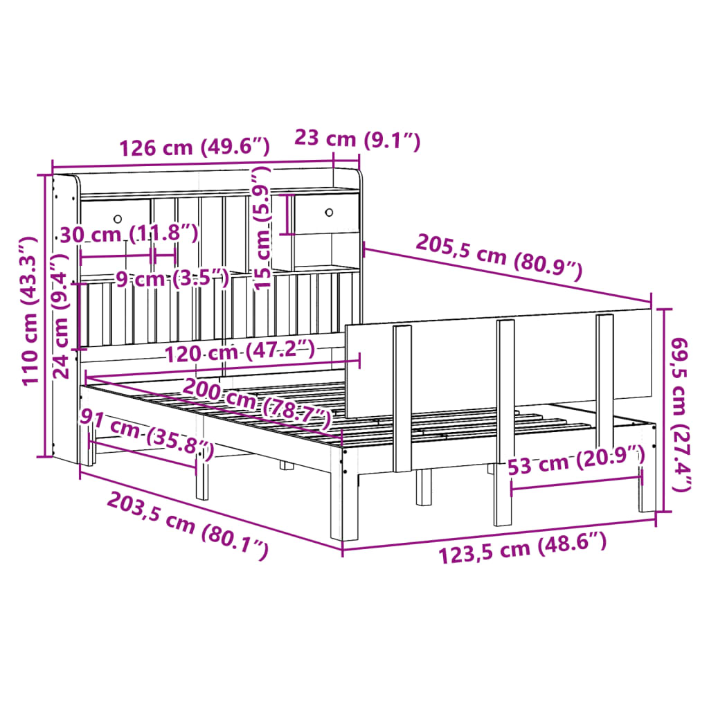 seng med reol uden madras 120x200 cm massivt fyrretræ