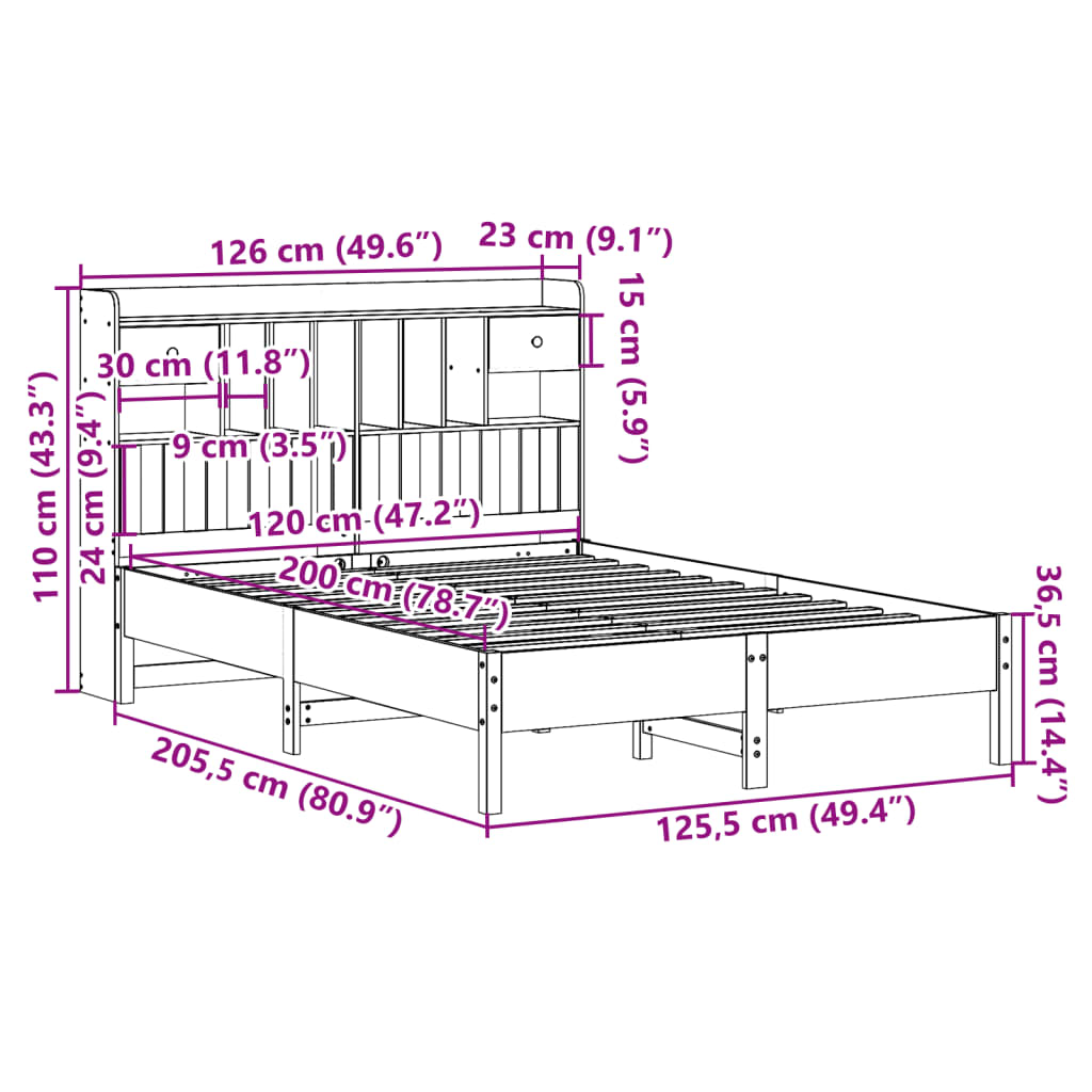 seng med reol uden madras 120x200 cm massivt fyrretræ