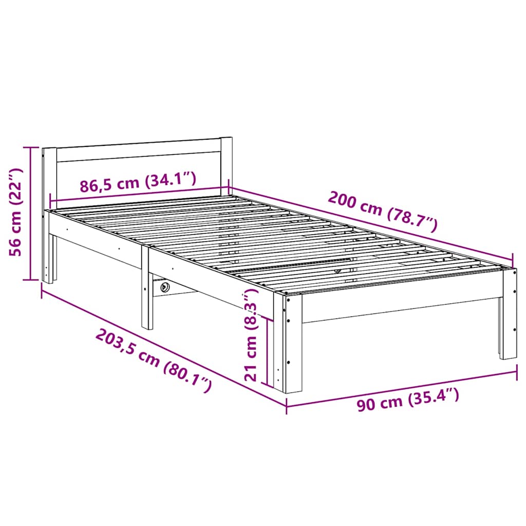 sengeramme uden madras 90x200 cm massivt fyrretræ hvid