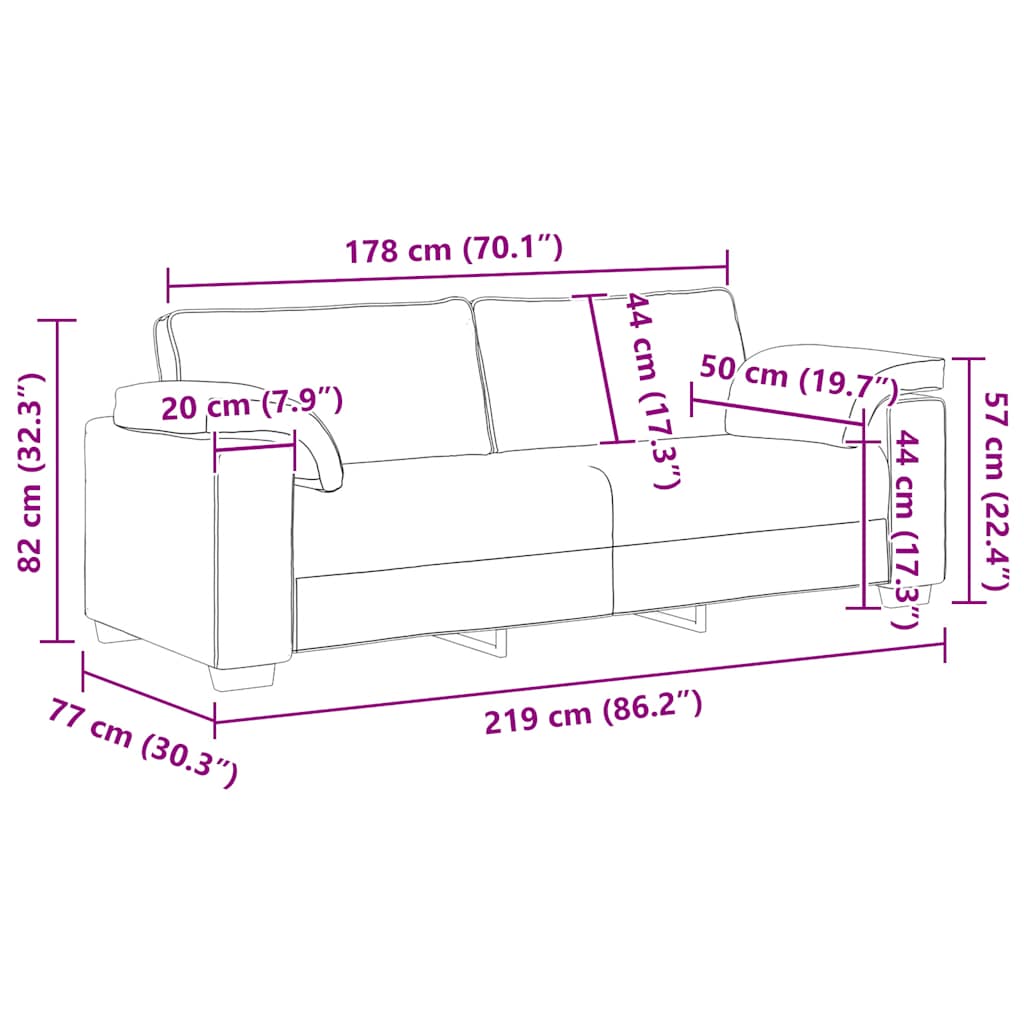 3-personers sofa 178 cm fløjl vinrød