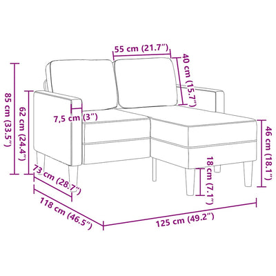 2-personers sofa med chaiselong L-formet 125 cm fløjl mørkegrå